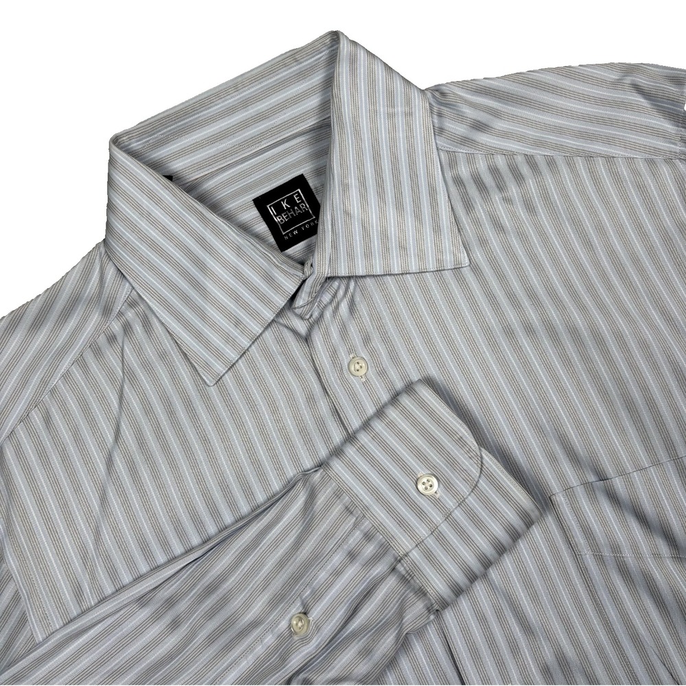Ike Behar Dress Shirt Mens 15 32/33 Blue Gray Stripe Cotton Long Sleeve